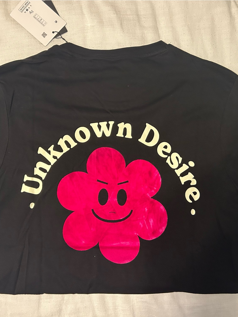 Denim & Flower Black Tee with Bright Pink Smiley Flower